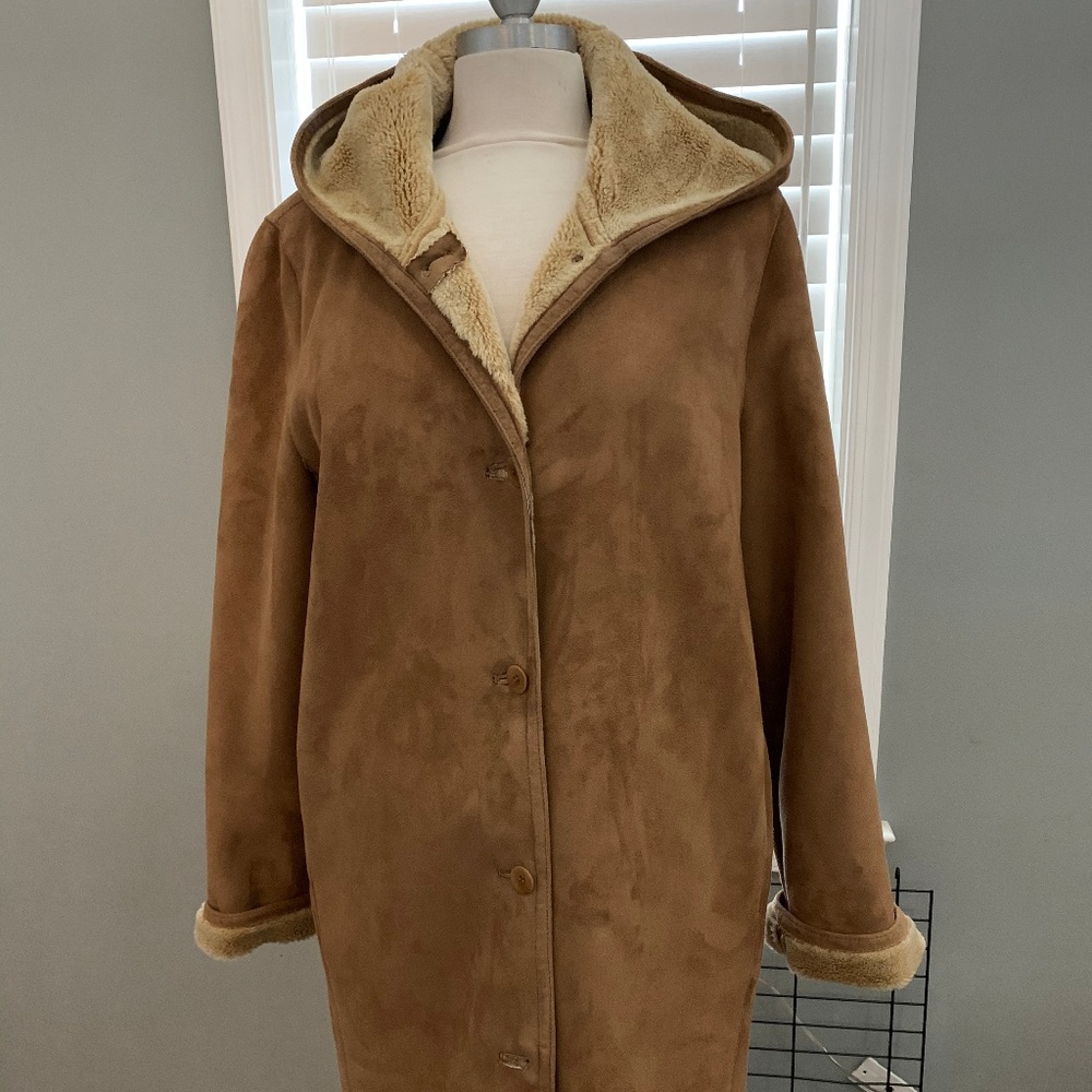 Anne Klein Oversize Faux Suede Hooded Coat